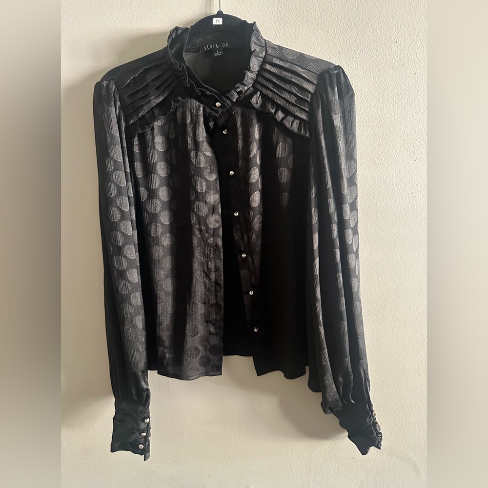 Story On Black Sheer Button-Up Blouse Size L New